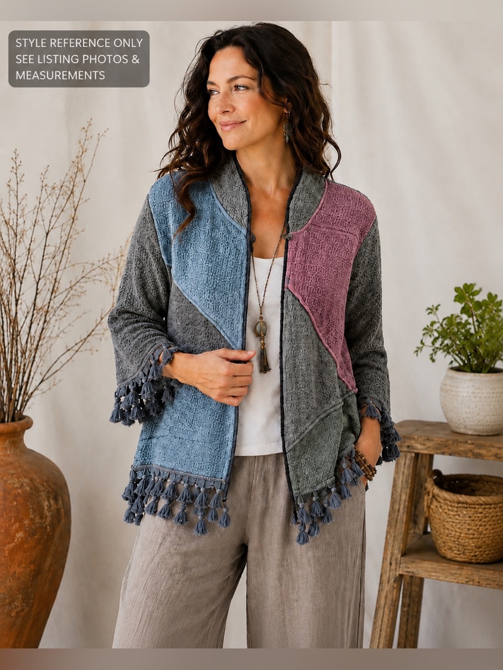 Sacred‎ Threads Patchwork Cotton Boho Fringe Cardigan S/M